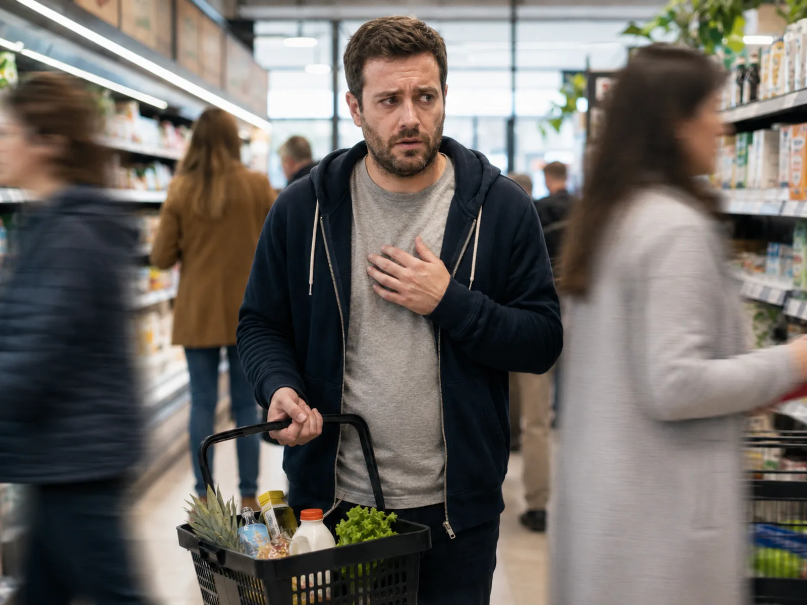 Mann steht mit der Hand auf der Brust im Supermarkt, während andere Kundinnen und Kunden vorbeigehen